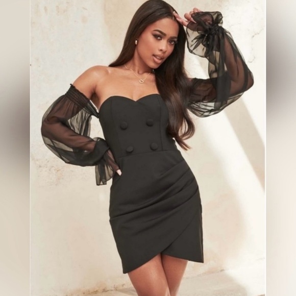 NWOT LAVISH ALICE Off-the-shoulder Sheer Sleeve Mini Wrap Detail Tux Dress sz 2 - Picture 1 of 9